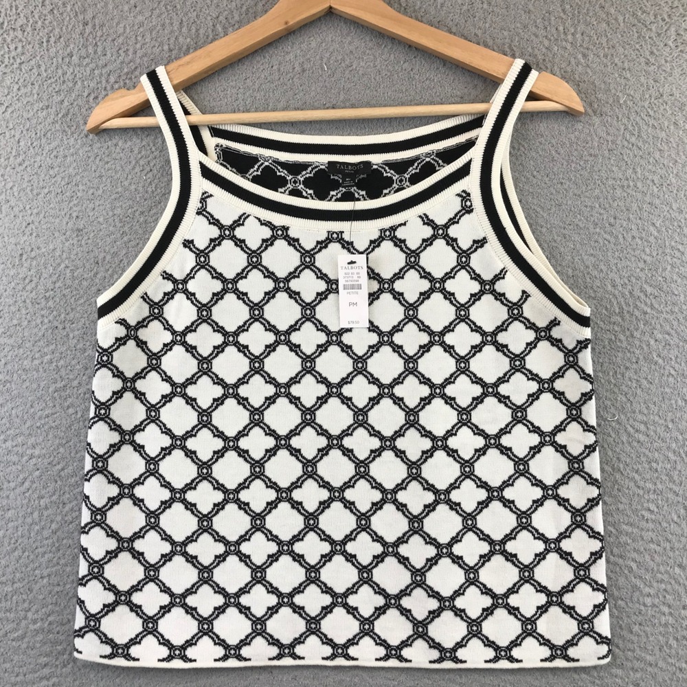New‎ Talbots Women Size PM Black & Ivory Lattice Jacquard Tipped Halter Top